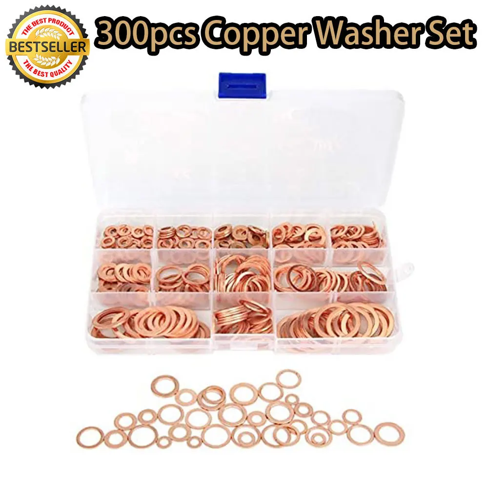 

300pcs Copper Sealing Solid Gasket Washers 17.6x10.2x2.3cm For Flat Seal Ring Tool Hardware Accessories