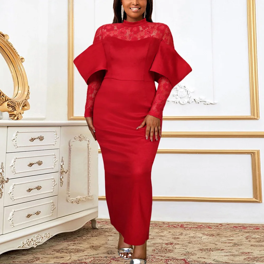 Luxury Red Dresses for Women Lace Patchwork Full Sleeve Bodycon High