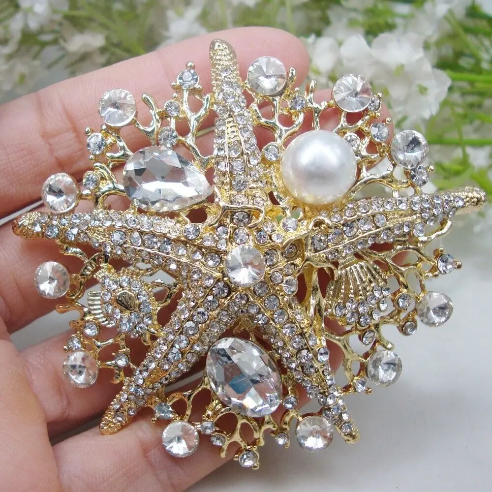 

Gold Tone Clear Starfish Pearl Woman Brooch Pin Rhinestone Crystal Accessories