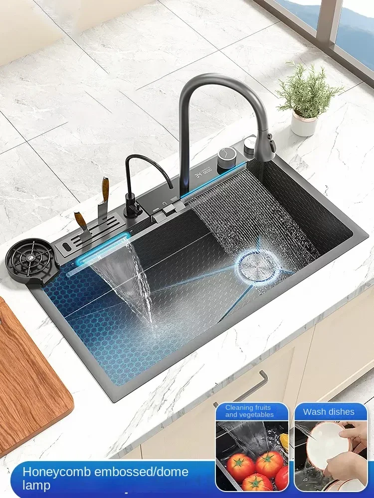 

Stainless Steel Waterfall Kitchen Sink Digital Display Embossed Large Single-Slot Multifunctional Washbasin Utensils for Kitchen