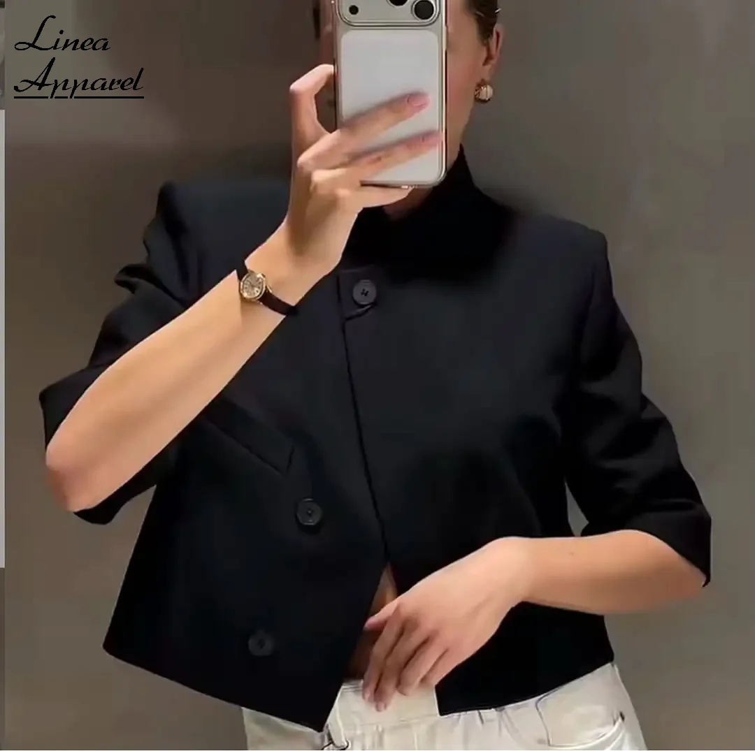 Women's Cropped Short Sleeve Blazer High Neck Asymmetric One Button Welt Pocket Short Suit 2026 Spring Summer Lady Outwear