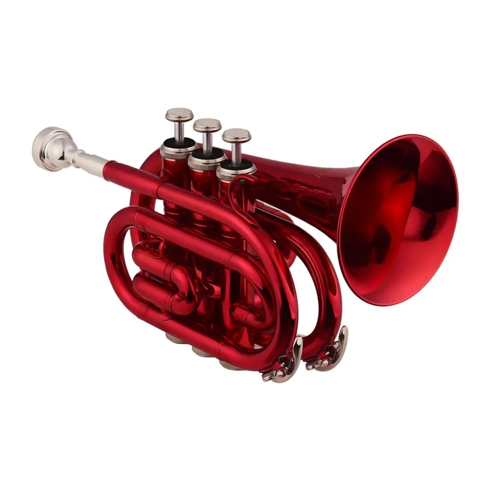 Mini Pocket Trumpet Bb Flat Brass Material Wind Instrument with Mouthpiece Gloves Cleaning Cloth Carrying Case