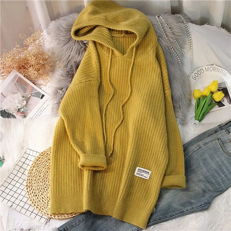 The New Fashion Solid Color Hooded Pullover Knit Sweater For Autumn/winter 2023 Women\'s Loose Medium Long And Thick Women\'s Wear