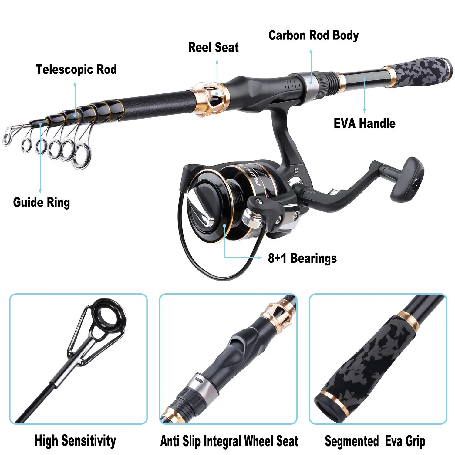 PLUSINNO Fishing Rod e Reel Combos Carbon Fiber VI Vara de pesca telescópica com Reel Combo Sea Água Salgada Freshwater Kit