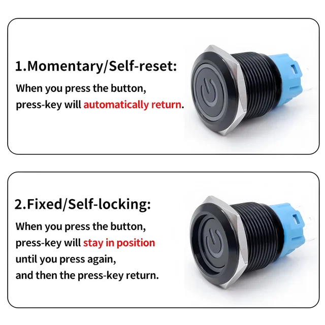 16/19/22MM Customized Metal Button Switch LED With Socket 12V 24V Black/Silver Waterproof Suitable for Cars, Ships, Motorcycles