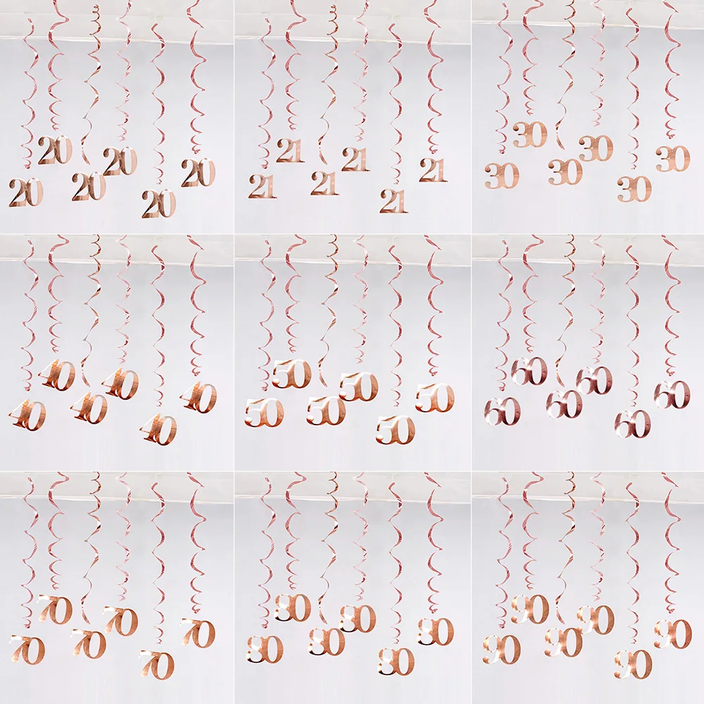 6Pcs/lot Happy Birthday Swirls Decoration 16 20 21 30 40 50 60 70 Years Rose Gold Happy Birthday Party Decorations Supplies