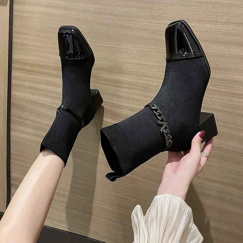 

Зимние женские вязаные ботильоны на высоком каблуке, новинка 2022, модная повседневная обувь, темпераментные снегоступы, эластичные кроссовки на квадратном каблуке