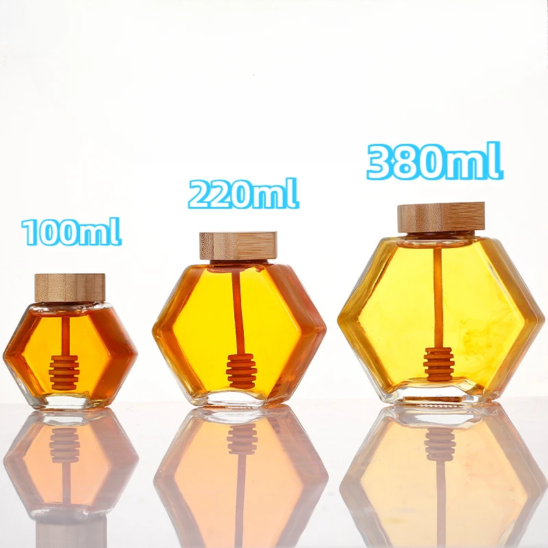 100ml/220ml/380ml Bamboo Wood Cover Hexagonal Glass Jar with  Stirring Dipper Hexagon Honey Container Storage Bottle