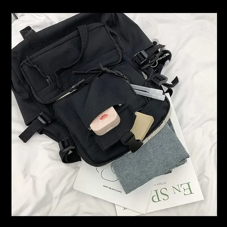 Preppy Style Black Backpack Unisex Women Men Backpack Nylon Waterproof Multi-Pocket Design Mochilas Teenagers Shoulder Bag
