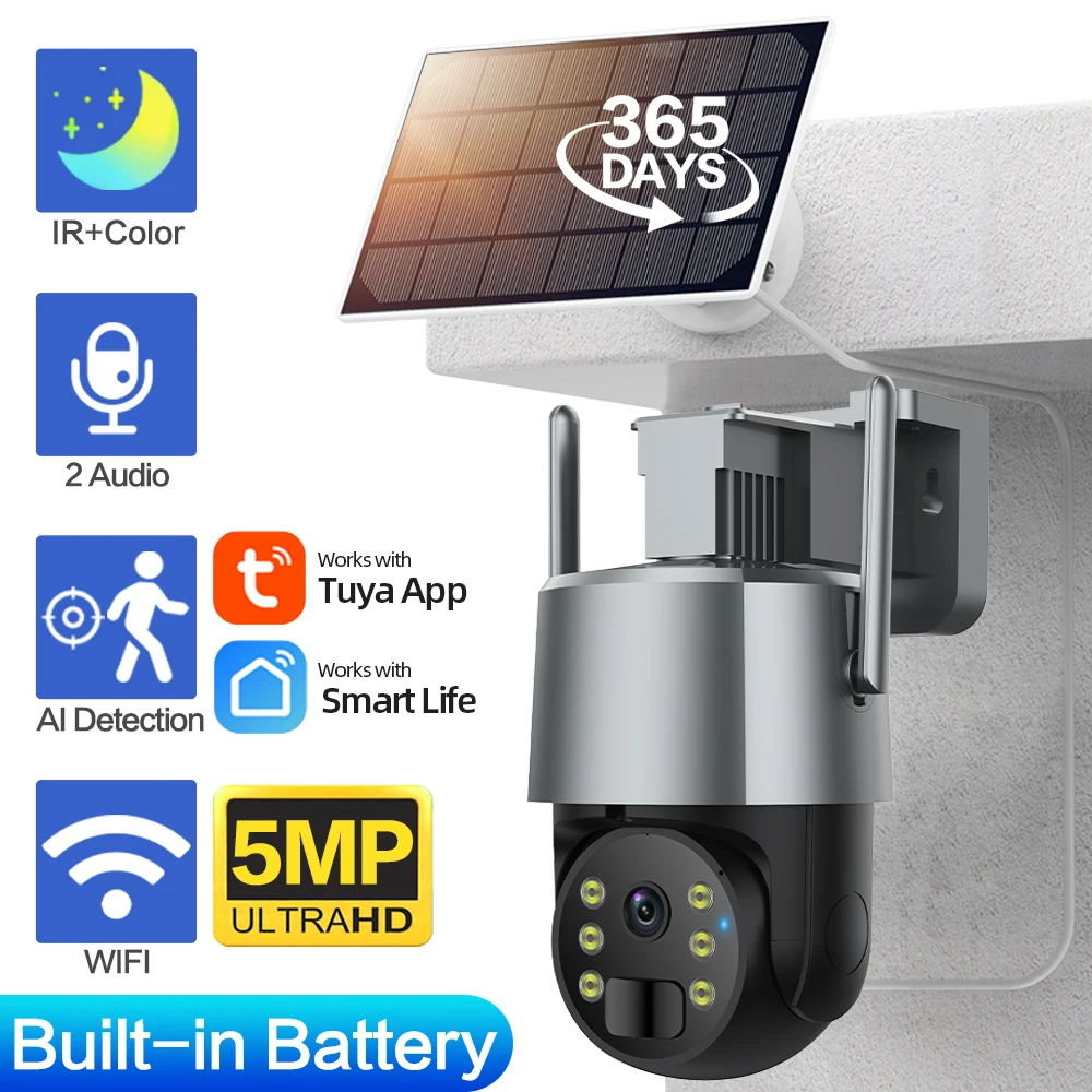 5MP TUYA Solar Camera WIFI Outdoor Solar Powered Security Camera Color Night Vision PIR Motion Sensor Light Wireless PTZ Camera