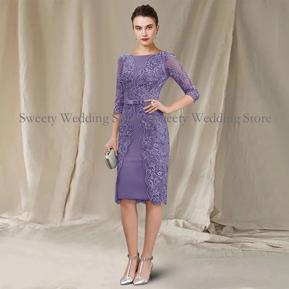 Lavender Short Mother of The Bride Dress Scoop Half Sleevs Lace Knee Length Wedding Guest Gown Groom Suits mother bride dresses
