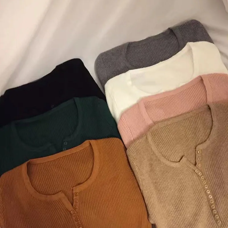 

Women's Tops Korean Spring and Autumn New Sweaters V-neck Buttons Long Sleeves Bottoming Pullovers Slim Fit Commuter Sweater