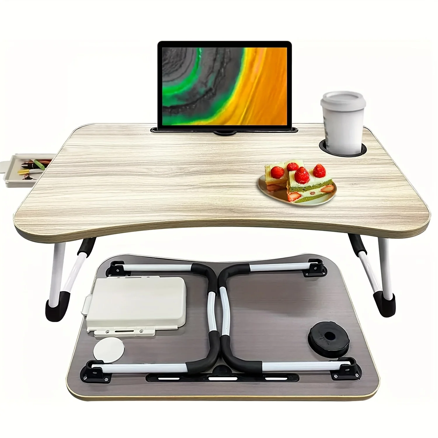 A Collapsible Lap Desk for Home Use Featuring a Storage Drawer, a Cup Holder, And a Slot for Phones Or Tablets, Measuring 59.94