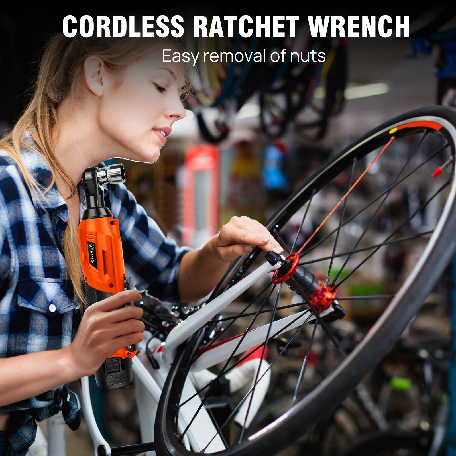 Elektrische kabellose rechte Ratsche 3/8'' 90 ° Winkelschlüssel 200 Nm Drehmomentschlag mit LED-Arbeitslicht + 7-teiligem Steckdosen-Werkzeugsatz, 2 x Batterie – Detail 12