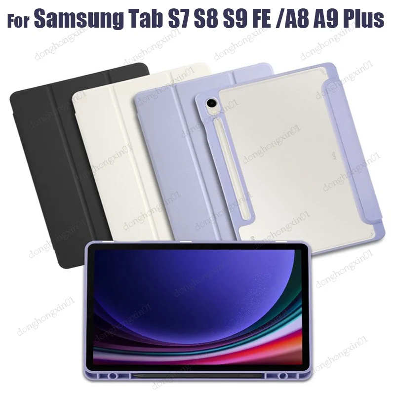 

For Samsung Tab S9 FE Plus12.4 S7 FE S8 Plus A9 Plus A8 10.5 Case with Pen Holder Flip Stand Clear Back Magnetic Smart Shell