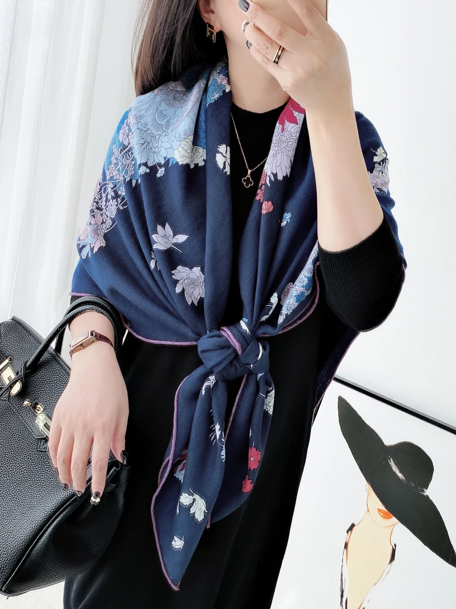 Horse Print Silk Wool Scarf Designer Giant Shawls and Wraps 135CMX135CM Herm Roller Edge Stole Ponch Hijab Winter Accessories