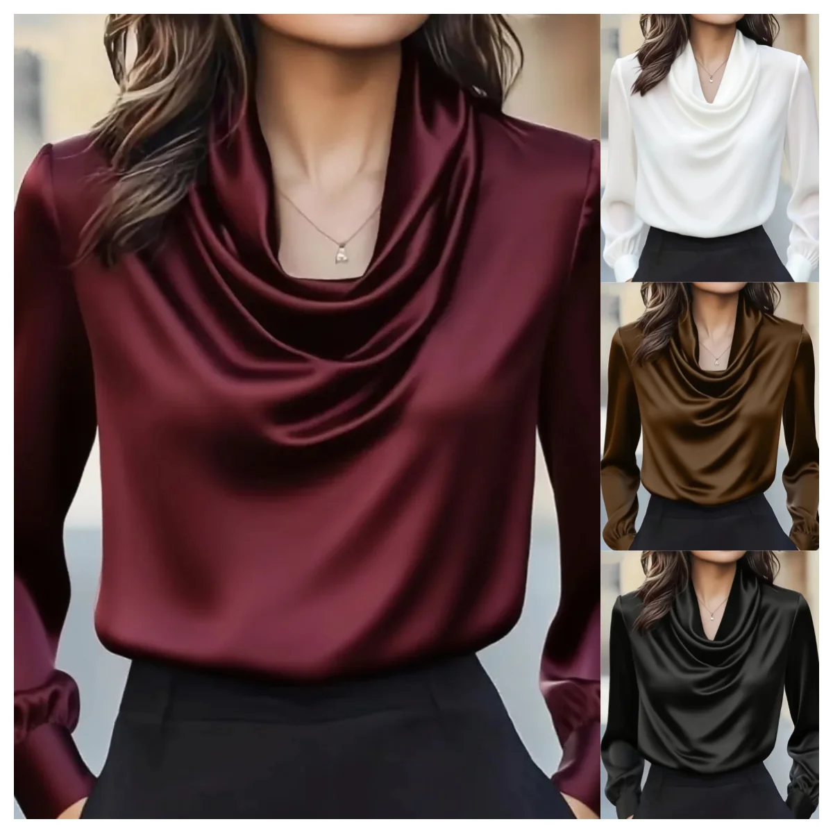 Elegante Satin-Bluse mit Wasserfallausschnitt und Langen Ärmeln für Damen Büro- und Freizeitkleidung Top – Detail 2