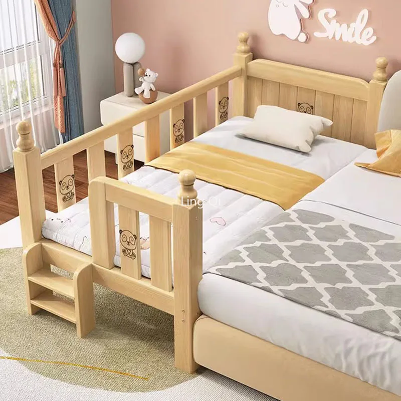 

Solid Wood 8 Wooden Slats Support Children Bed Tail Ladder Customizable Kid Baby Toddler Bed Safety Guardrails Boy Lit Furniture