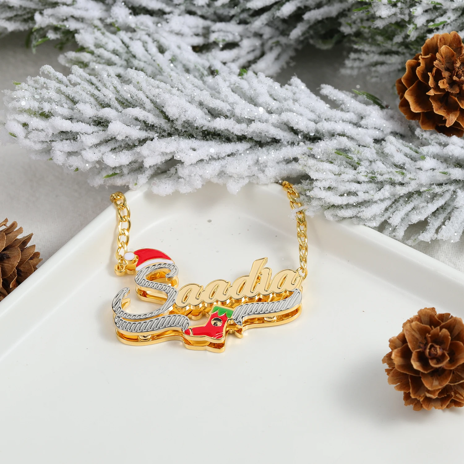 Custom Name Necklace Two Tone Nameplate Personalized Christmas Hats & Stockings 14K Gold-Plated Pendant Necklaces For Women Gift