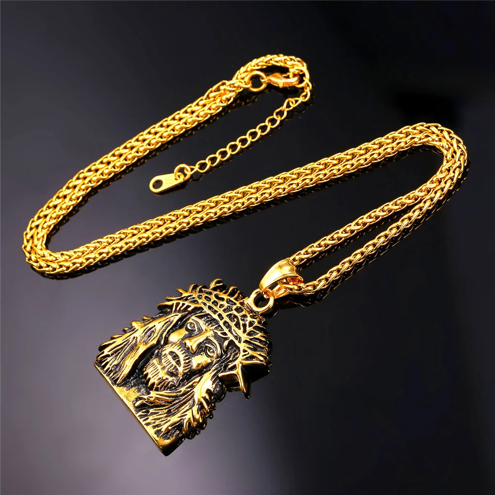 U7 Head of Jesus Cross Necklace 22inches Link Chain Stainless Steel Religious Charactor Pendant Men Jewelry