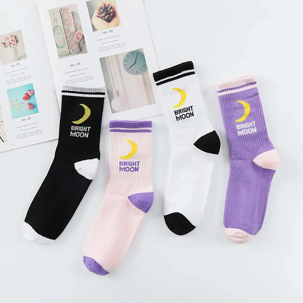 Cotton Crew Socks for Men and Women with New Moon Letters Stripes Print