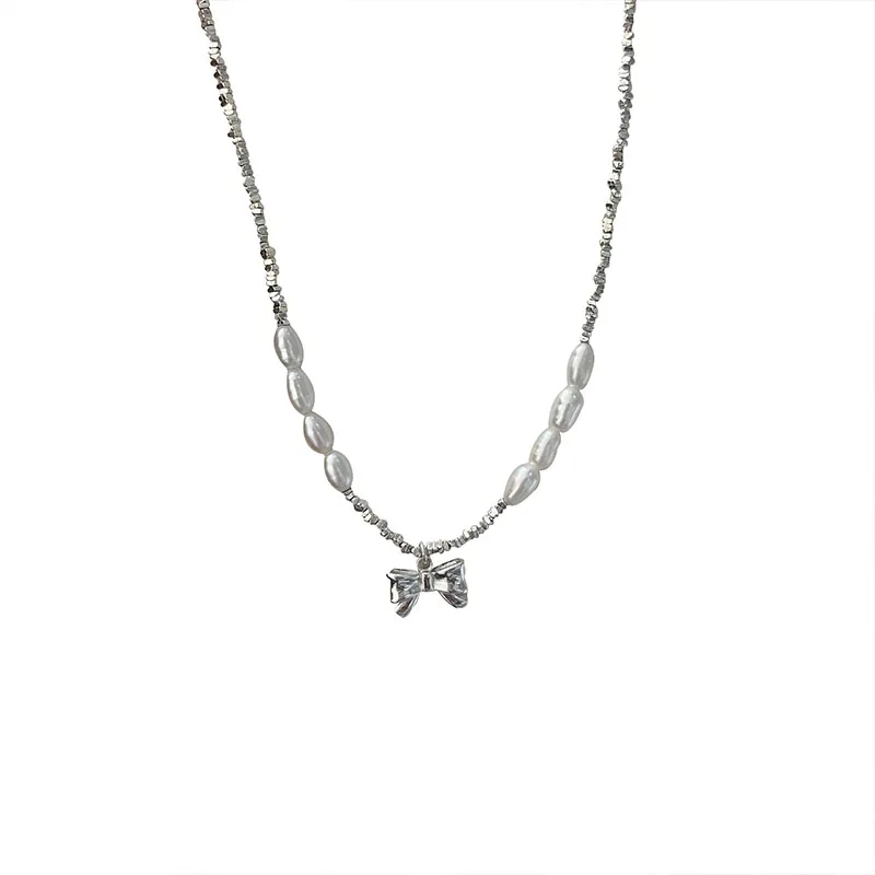 

2023 New Freshwater Pearl Silver Necklace Women's 925 Sterling Silver Bow Design Fashion Sweet Luxury Jewelry Goddess Gift