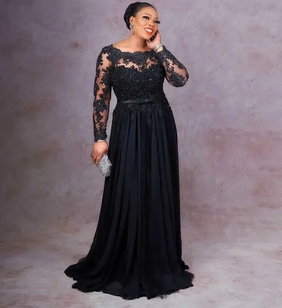 

Black Mother Of The Bride Dress Plus Size Formal Prom Party Gown Lace Applique Scoop Long Sleeve Chiffon Beaded Sequins A Line