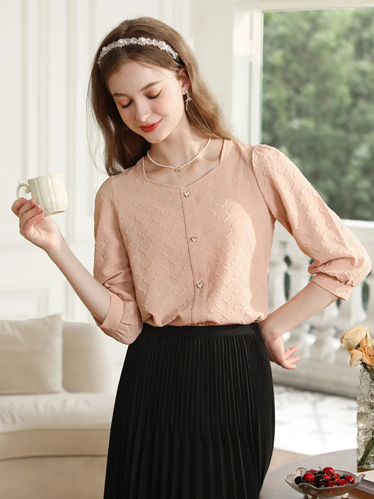 I BELIEVE YOU Pink French Women Shirt 2023 Autumn Square Collar Puff Sleeve New Unique Chic Office Lady Solid Top 2233055284 i believe you white shirt french peter pan collar puff short sleeve women s shirts