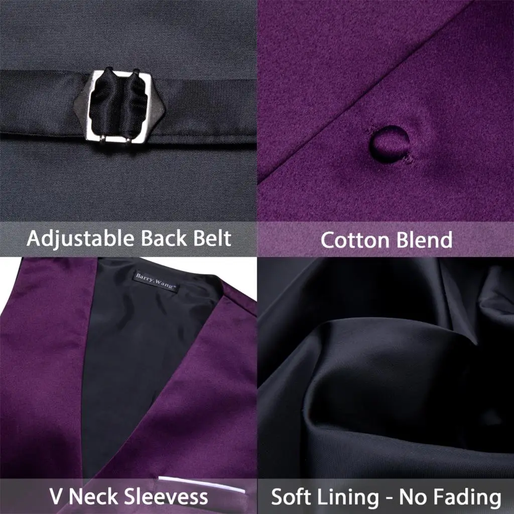Elegant Vest for Men Purple Silk Solid Wedding Party Waistcoat Bowtie Set V Neck Male Sleeveless Jacket Barry Wang