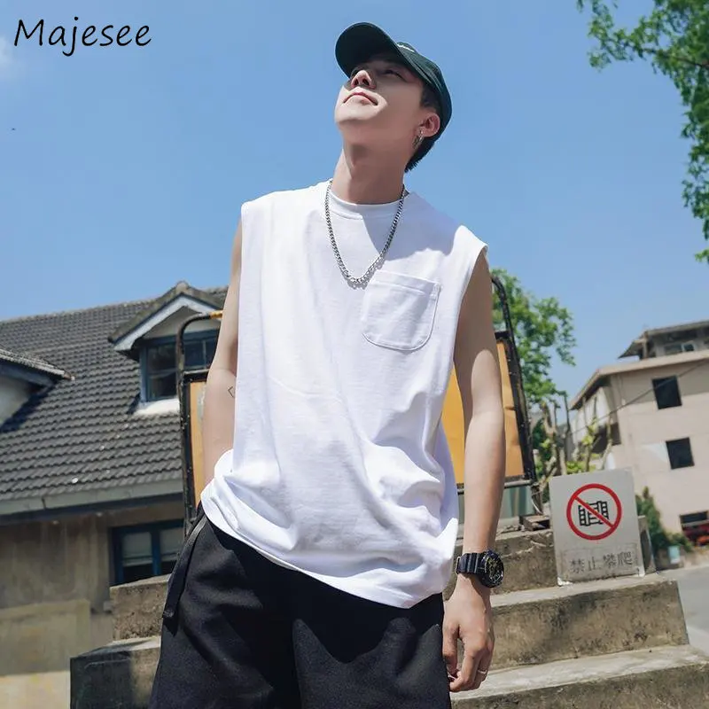 

Tanks Men Joggers Fashion Solid Trendy Sleeveless Workout Summer Loose Casual Handsome All-match Daily Harajuku Singlets Pockets