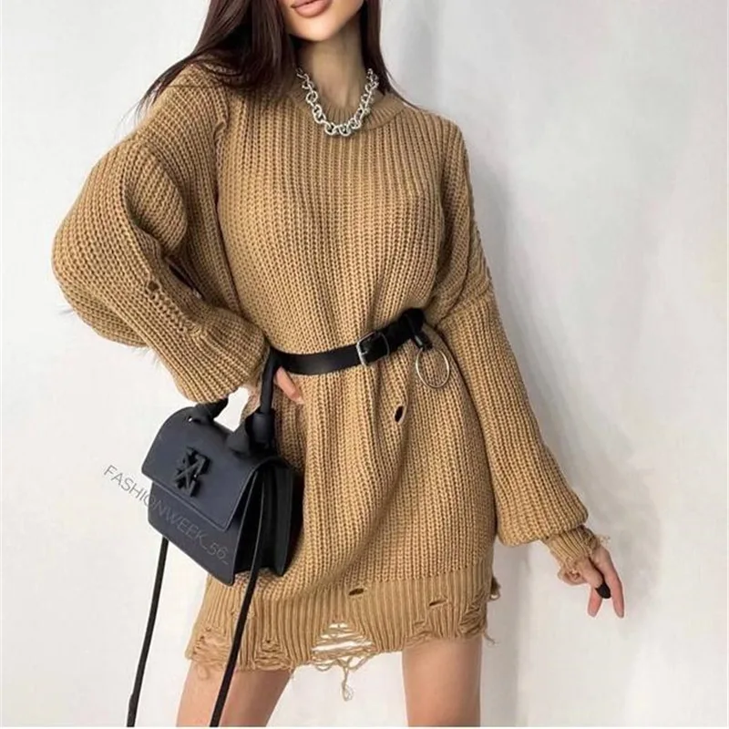 

Fall/Winter 2023 Solid color casual knitted pullover with holes in the hem loose long sweater woman