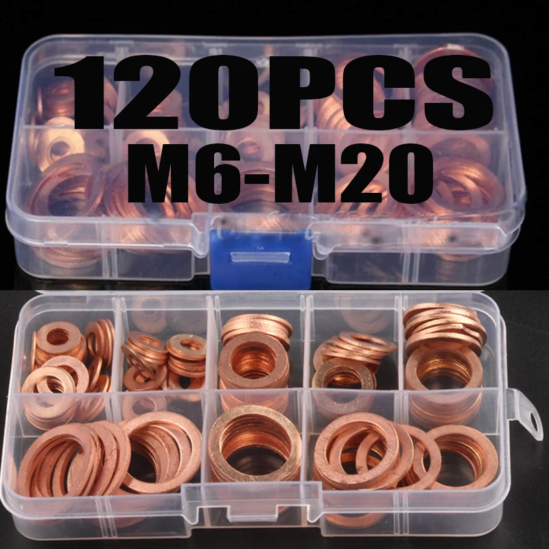 120PCS M6-M20 솔리드 구리 와셔 가스켓 키트 섬프 플러그 플랫 링 씰 세트 보트 크러시 와셔 하드웨어 배관 가스켓