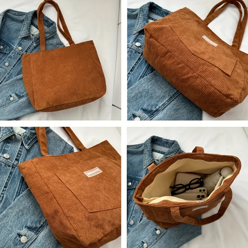 Women Corduroy Shoulder Tote Bag, Casual Large Capacity Handbag for Going Out Machine Washable with Fixed Strap Polyester Lining