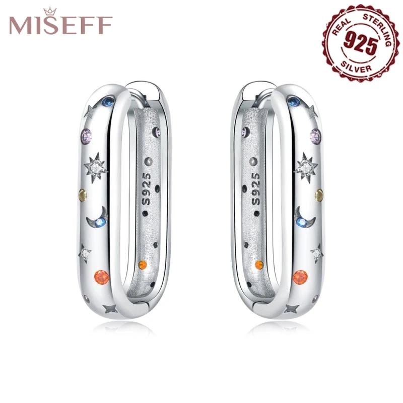 MISEFF Real 925 Sterling Silver Hoop Earrings Colorful Zircon Bright Starry Sky Earrings Engagement Wedding Party Silver Jewelry