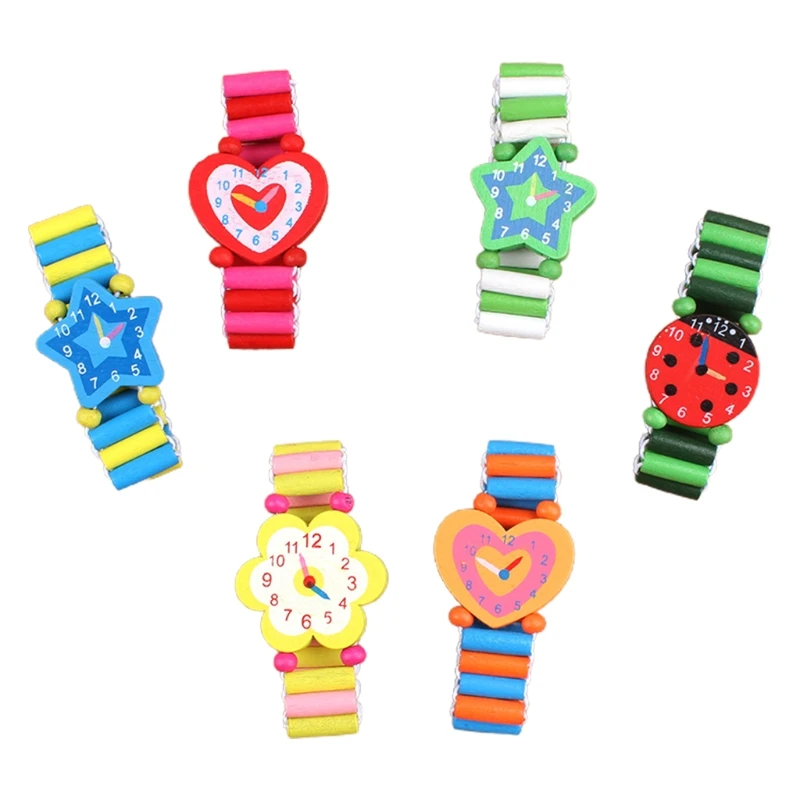 10Pack Wooden Watch Small and Small Gift Wood Band Model Toy Set Cartoon Design Comfortable Wear