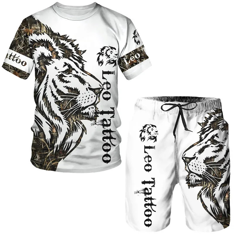 Summer Men's Animal Tattoo White Short Sleeve T-Shirt The Lion 3D Printed O-Neck Tees&Shorts Suit Casual Sportwear Tracksuit Set