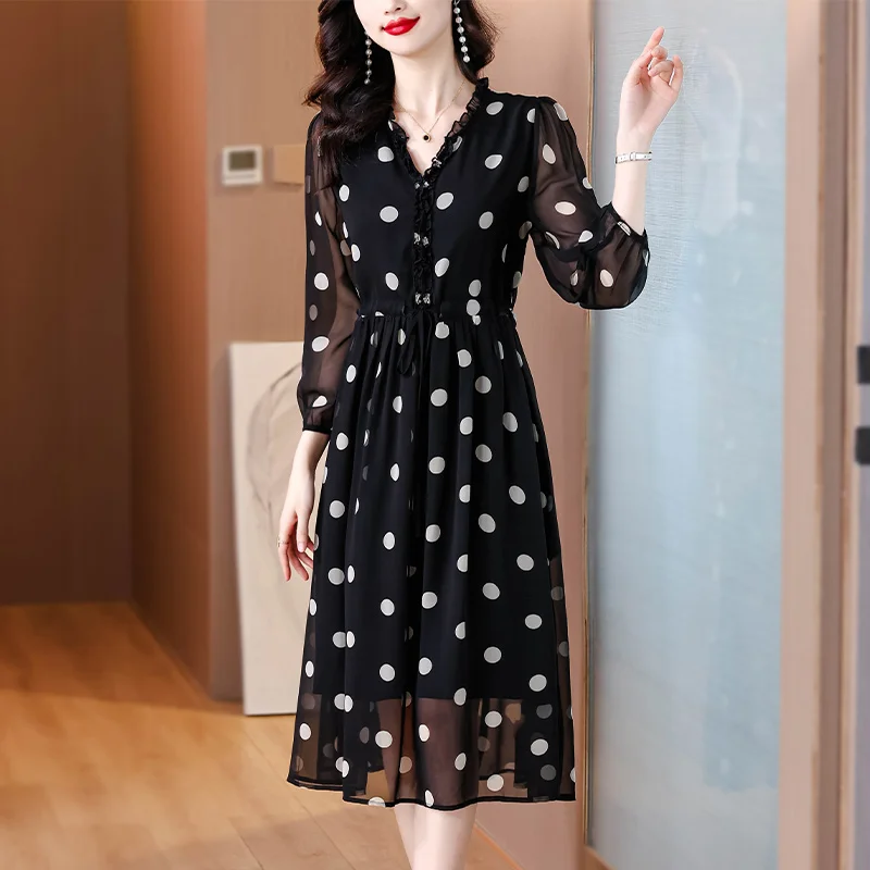 

Spring Women's Black Dot Printed Silk Dress Large Loose Waist Over Knee Long Dress Casual Elegant Party Dress Vestidos