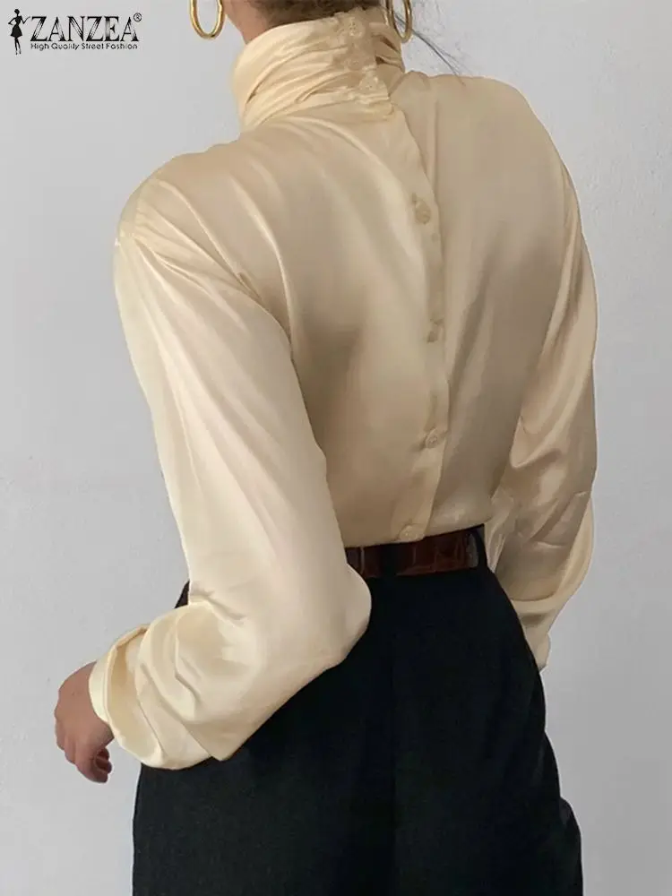 ZANZEA Streetwear Pleated High Collar Blusa Satin Silk Women Chemise Chic Buttons Blouse 2023 Fashion Long Sleeve Elegant Shirts
