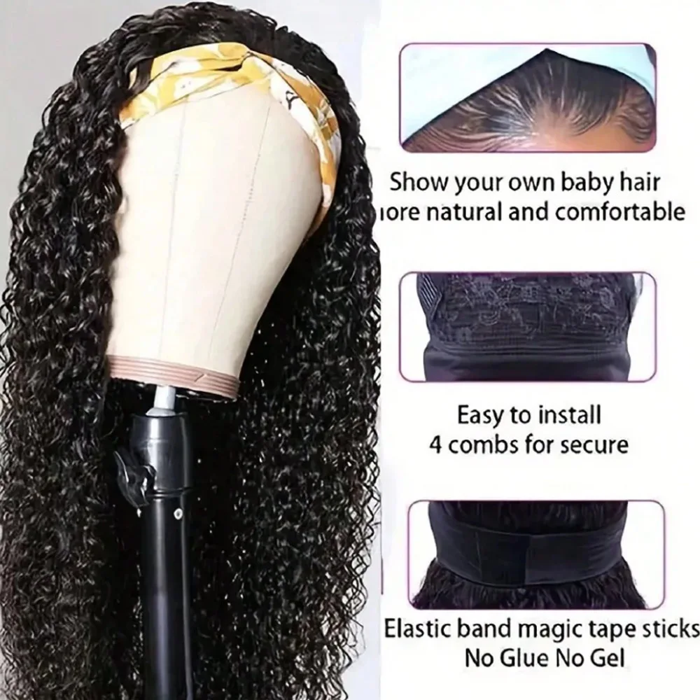 Curly Headband Wig 20 Inch Deep Wave Glueless Wigs Human Hair Put On And Go Wig 200% Density Deep Curly Wig Natural Color