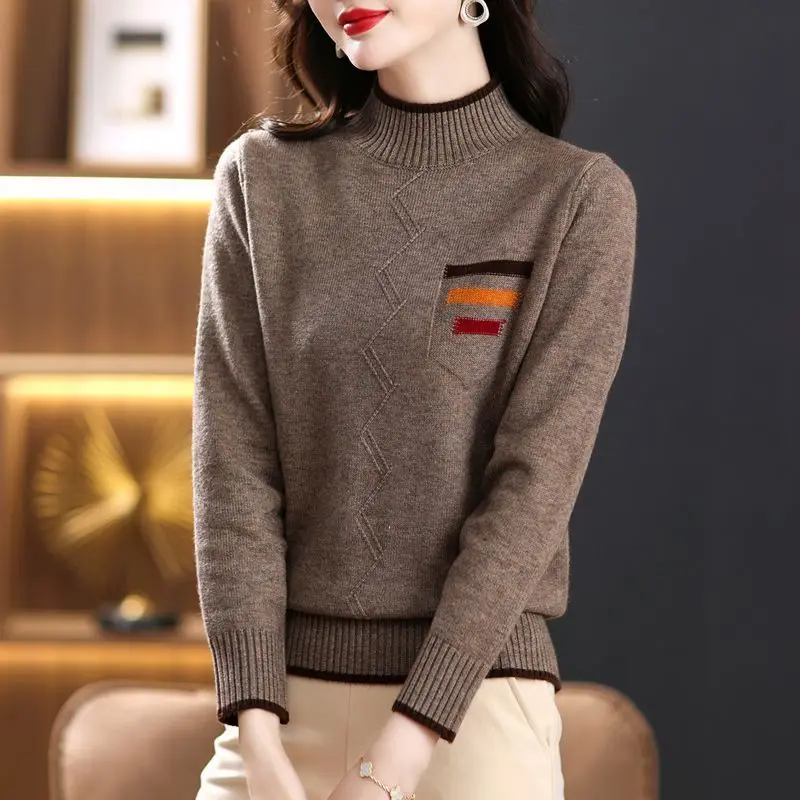 

Autumn and Winter Women's Pullover Half High Neck Contrast Stripe Screw Thread Long Sleeve Sweater Knitted Underlay Casual Tops