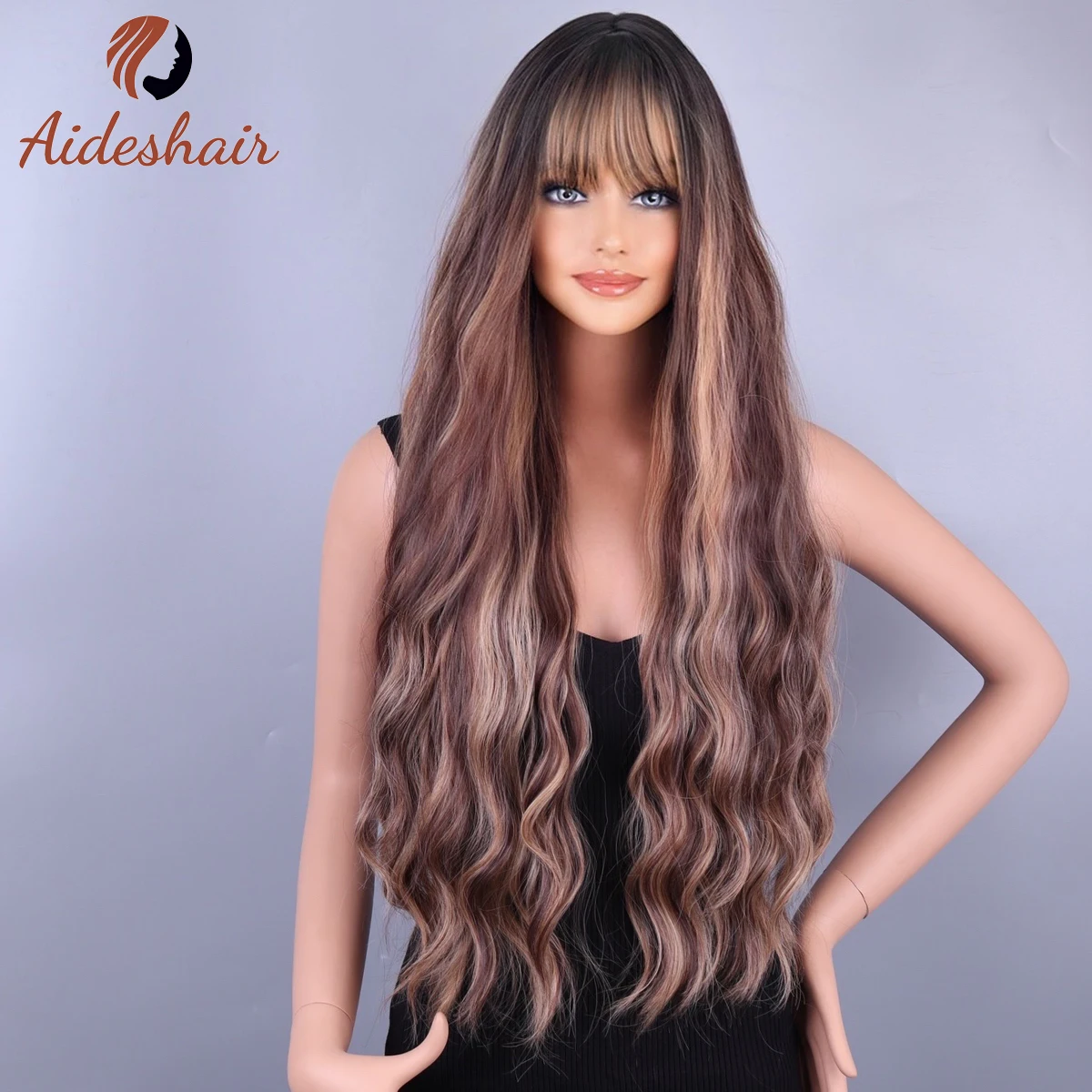 Long brown wig with 28 "Ombre brown blend accent wig for women long curly wavy synthetic wig for everyday party use images - 6