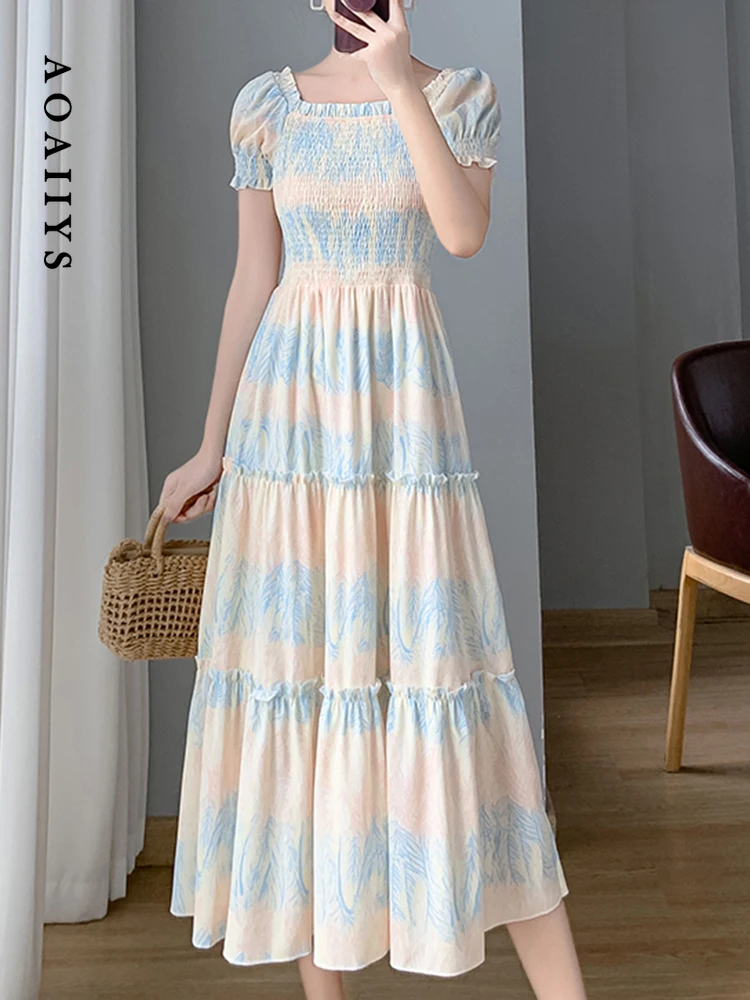 

Aoaiiys Sweet Dress for Women Dresses Gradient Print Streetwear Ruffled Long Dress Korean Fashion Short Sleeve Summer Dress New