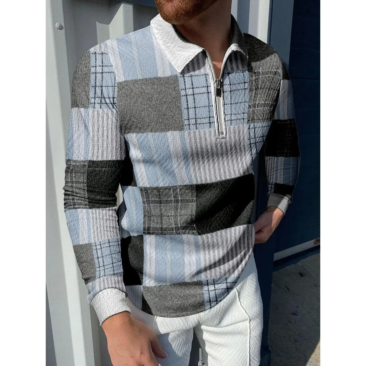

Men's Printed Zipper Casual Polo Shirt men-s-top Color 1
