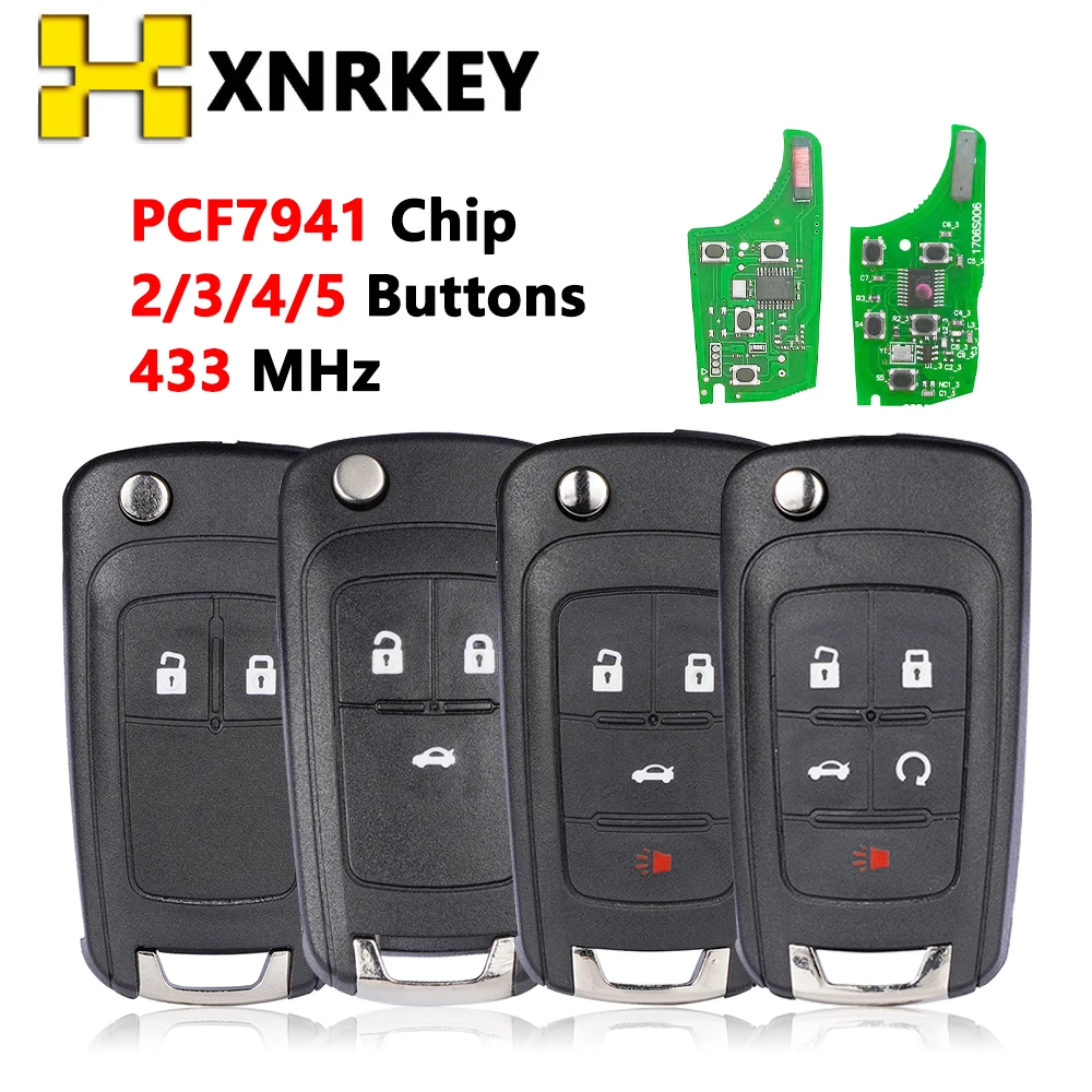 XNRKEY 2/3/4/5 Button Flip Remote Car Key for Chevrolet Cruze Malibu Aveo Spark Sail PCF7941 Chip 433Mhz