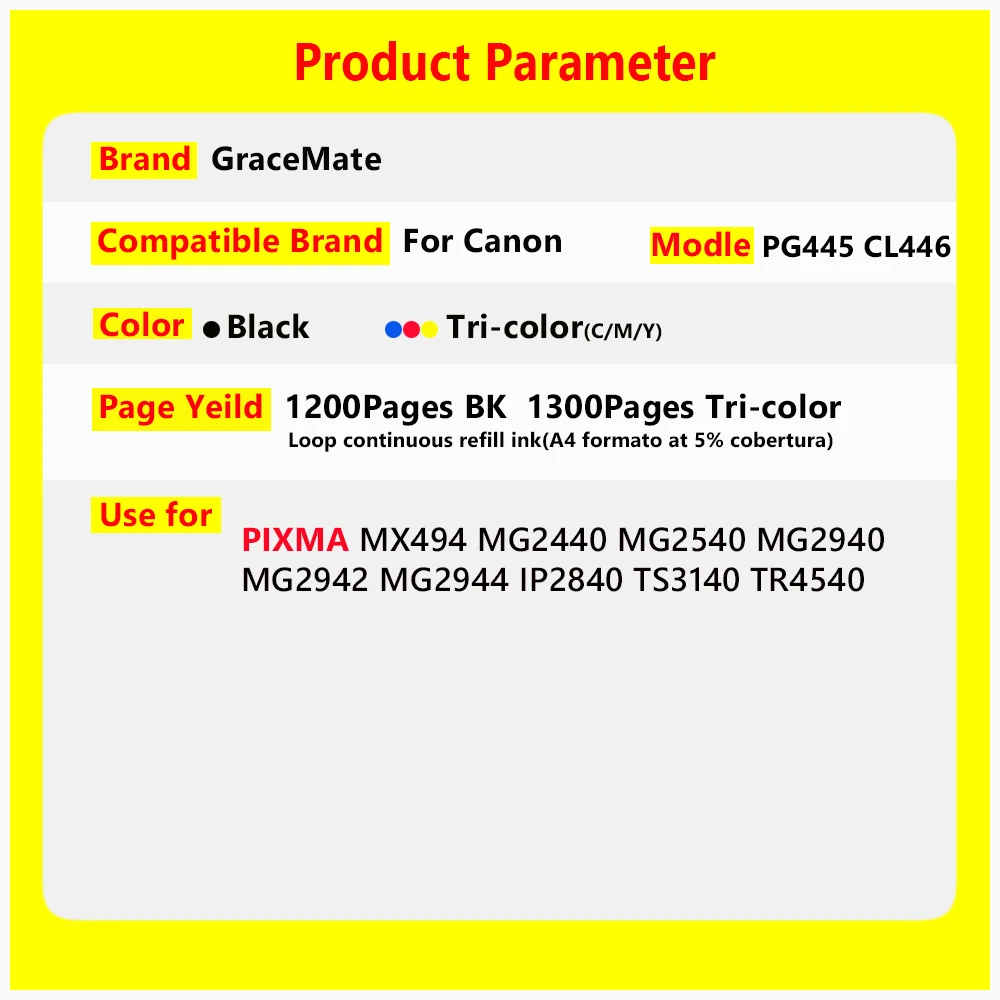 Cartucho de Tinta Reposição de Tinta para Canon Pixma Mg2540 Tr4540 Tr4640 Ts3340 Ts3440 Ts3140 Pg445 Cl446 - Imagem 6