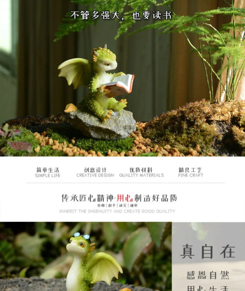 Mini Kawaii Dragon Figure Sculpture Garden Potted Plants Ornaments Green Rex Dragon Statue Cute Cartoon Dinosaur Resin Decor