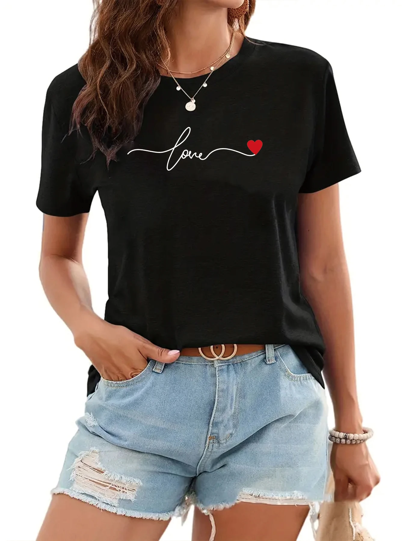 

2024 Minimalist design love T-Shirt Women Summer O-neck short sleeves Fashion Tops ladies Leisure Harajuku Shirt