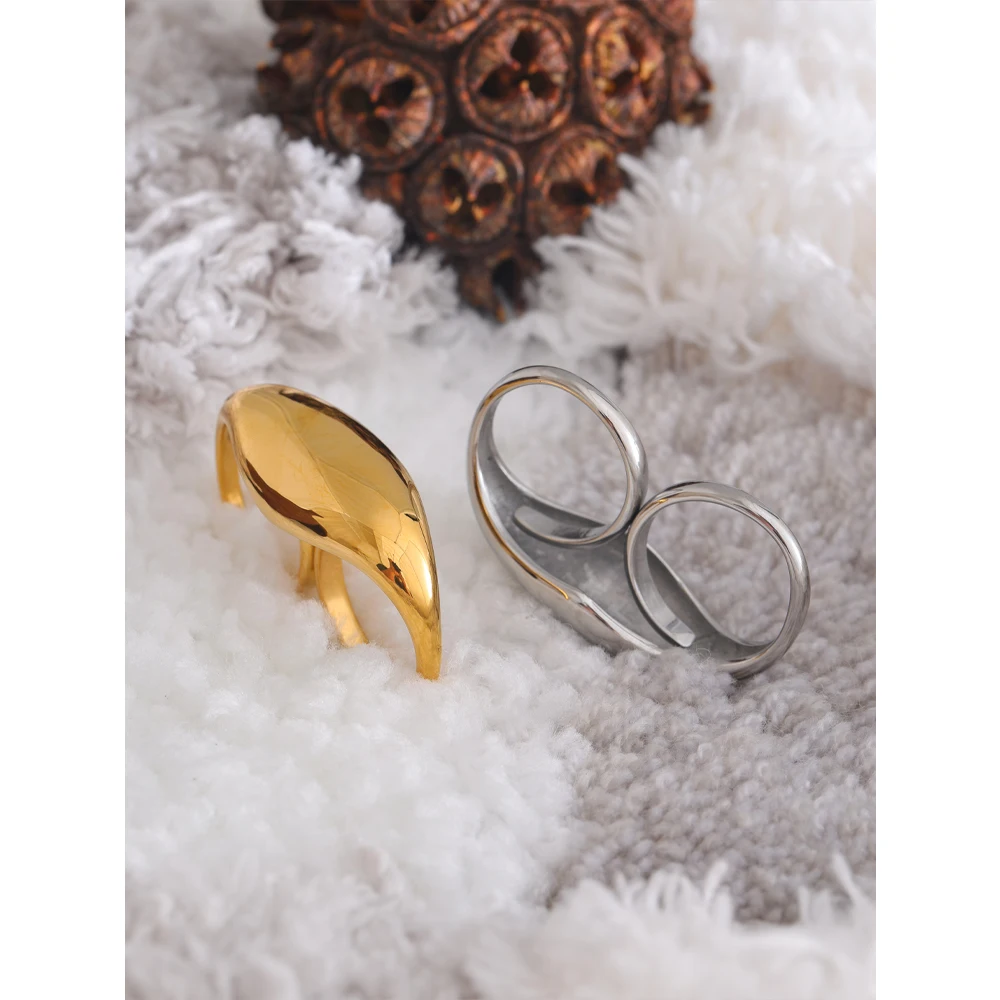 2025 Modestil YHPUP 2024 Edelstahl Doppelfinger geometrischer attraktiver rostfreier Ring, Geschenkdekoration_voghion.com