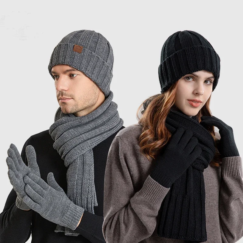 Knit Beanie Hats and Scarf Set for Men Women Touchscreen Gloves Warm Thin Velvet Lined Thick Ribbed Long Scaves Winter Outside