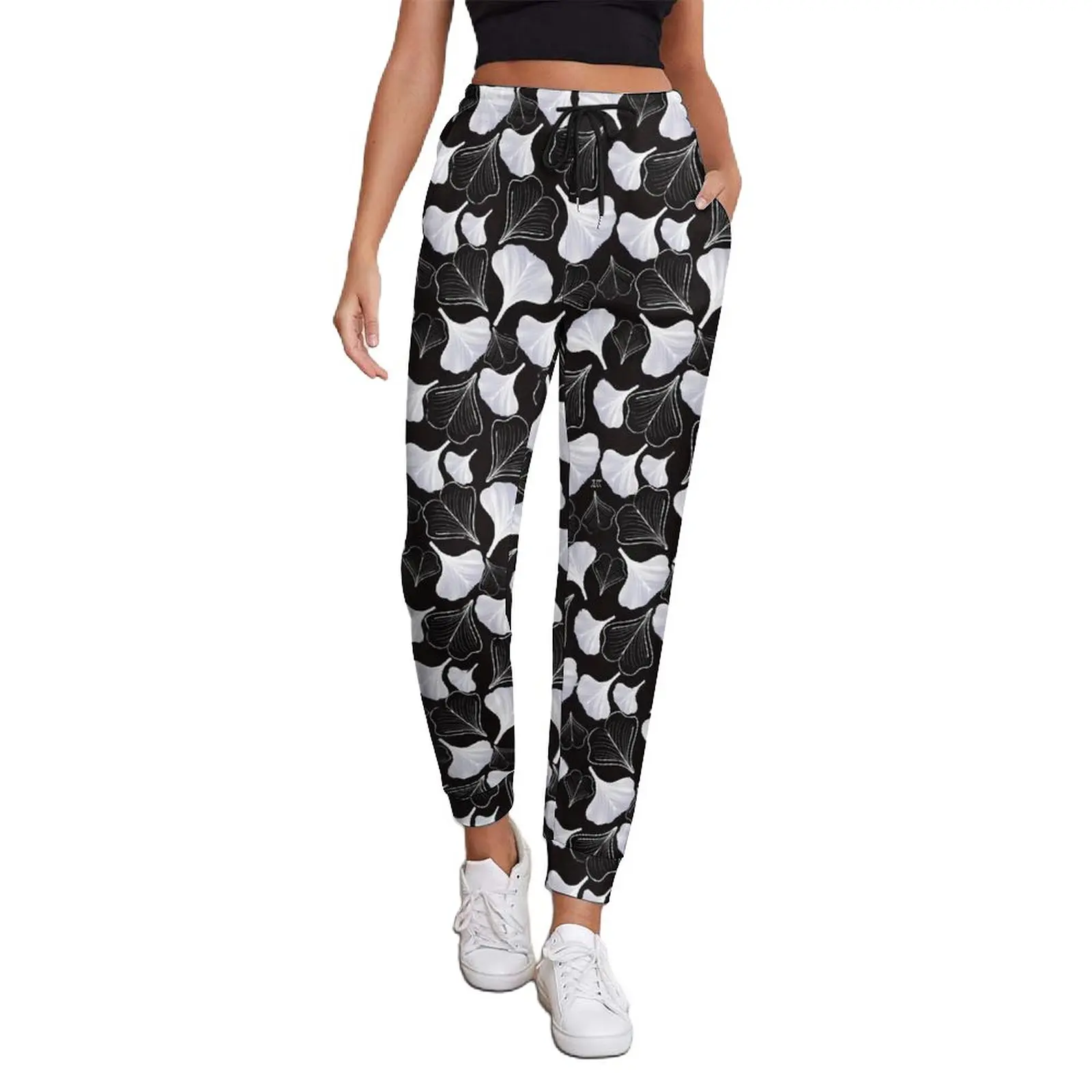 

Ginko Biloba Print Pants Ladies Black And White Aesthetic Sweatpants Spring Classic Design Trousers Big Size 2XL